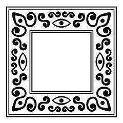 Ornate frame of silhouette swirling lines, vegetation, eyes. Print for the cover of the book, postcards, t-shirts. Illustration for rugs. Decoration element.