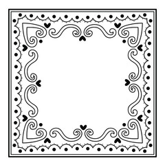 Ornate frame of swirling lines and hearts. Print for the cover of the book, postcards, t-shirts. Illustration for rugs.