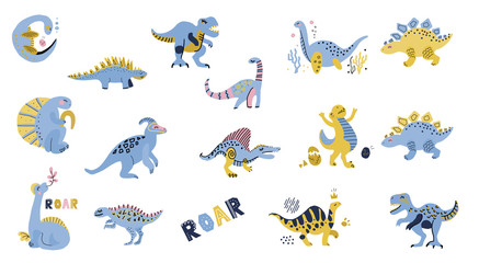 Obraz premium Cute dinosaurs set. Hand drawn collection. Doodle cartoon dino characters for nursery posters, cards, kids t-shirts. Vector flat illustration Isolated on white background. Blue and yellow colors.