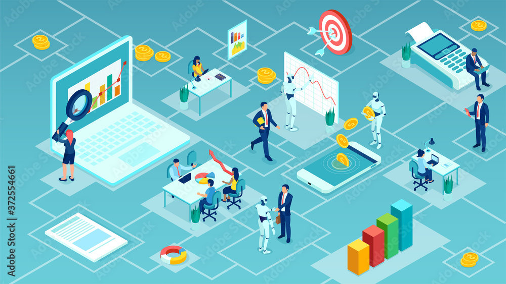 Wall mural vector of businesspeople working together with robots on financial data analysis