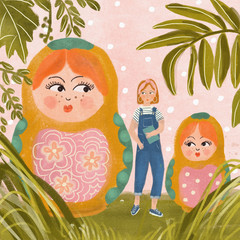 babushka Russian dolls colored pencils illustration