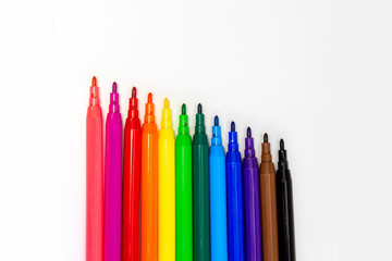 Color colored markers isolated on white background close up. Drawing colored felt pen