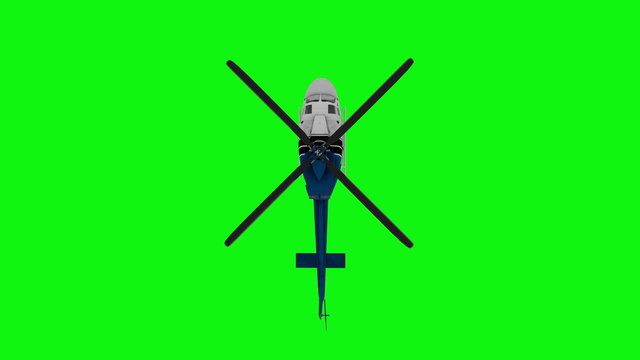 Realistic helicopter flying. Top view. Green screen. 3d rendering