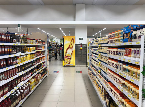 August 19, 2020. S&atilde;o Paulo, SP, Brazil. Aisle of a supermarket with catchups and mayonnaise.
