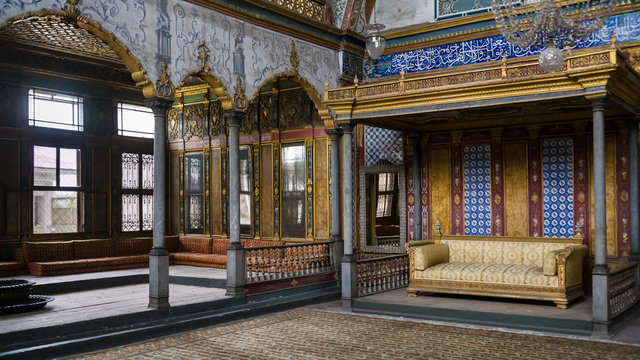 ISTANBUL, TURKEY - SEPTEMBER 12, 2010: Imperial Hall with throne of sultan in Topkapi palace in Istanbul. The palace was one of the major residences of Ottoman sultans for almost 400 years 1465-1856