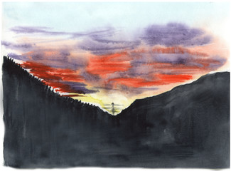 Watercolor landscape. Mountains, sunset Mountain Altai Russia