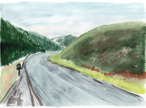 Watercolor landscape. Mountains, roud grass Mountain Altai