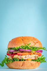 burger meat delicious grilled cutlet sandwich and vegetables serving size organic healthy ething portion top view copy space for text