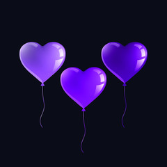 Fototapeta na wymiar Realistic festive balloons in the shape of a heart light purple, purple and dark purple. Isolated objects. Vector illustration. 