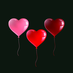 Fototapeta na wymiar Realistic festive balloons in the shape of a heart light red, red and dark red. Isolated objects. Vector illustration. 
