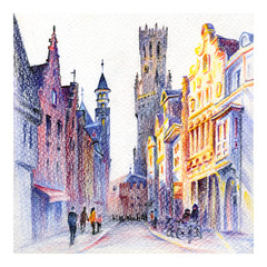 Urban sketch of The Belfry of Bruges and beautiful medieval houses at sunset, Belgium. Drawing with colored pencils