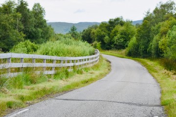 Fototapeta na wymiar Road between the green fields and wooden barriers
