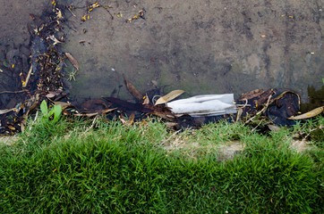 white disposable mask thrown on the street next to plants making dirt