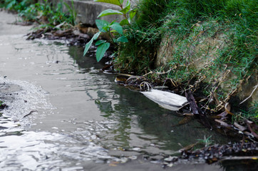 white disposable mask thrown on the street next to plants making dirt