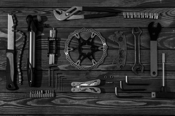 bicycle repair tools. repair shop. set of tools. sale of bicycle tools. Old spanners. Vintage tools. hand pump