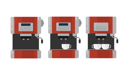 Set of coffee machine flat illustrations. Front view of coffee machine. Vector.