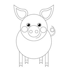Coloring. The animal is a flat white pig, drawn with a black outline in the shape of a circle. Drawing isolated on white background. Stock vector illustration.
