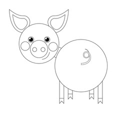 Coloring. The animal is a flat white pig, drawn with a black outline in the shape of a circle, turned back. Drawing isolated on white background. Stock vector illustration.