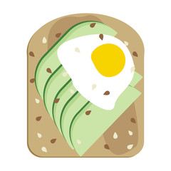Avocado toast with poached egg vector illustration. Avocado slices on toasted bread, vegan sandwich with sesame seeds