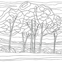 Sketch landscape with trees, sky, road, shrubs. Coloring book page for adult. Season illustration of nature with doodle, pattern, zentangle elements. Vector isolated line art.