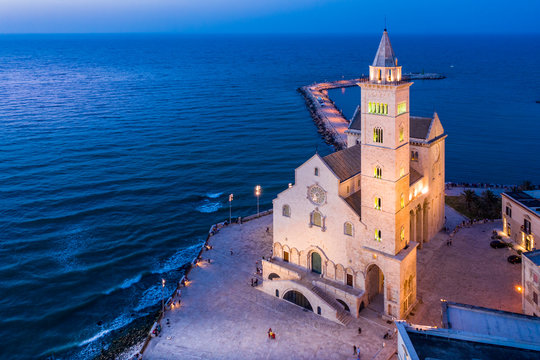 Italy, Puglia, Trani, Cathedral of San Nicola&nbsp;Pellegrino&nbsp;at night, aerial view