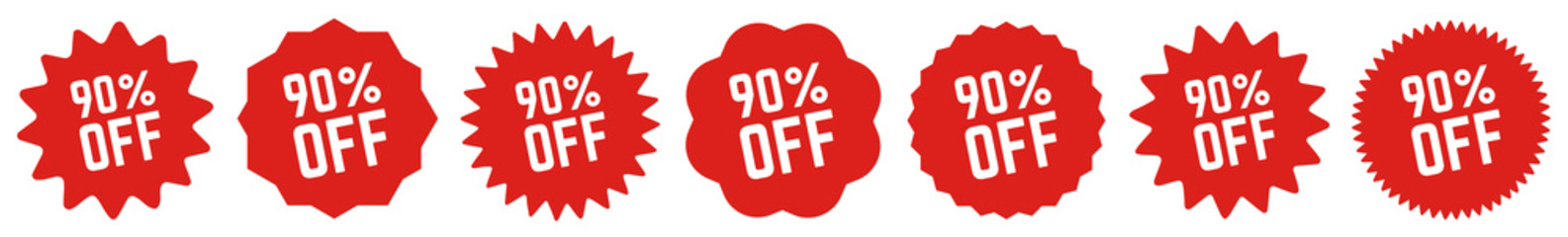 90 Percent OFF Discount Tag Red | Special Offer Icon | Sale Sticker | Deal Label | Variations