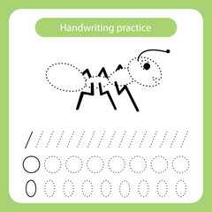 Little ant. Trace and color the picture. Educational game for children. Handwriting and drawing practice. Insect theme activity for toddlers, kids.