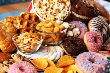 Unhealthy products. food bad for figure, skin, heart and teeth.