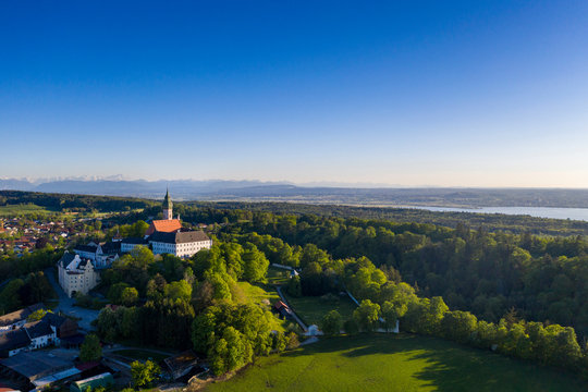 Germany, Bavaria, Andechs, Drone view of clear sky over Andechs Abbey in summer