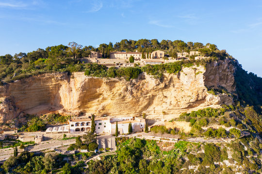 Spain, Mallorca, Drone view of Ermita de Sant Honorat and Santuari de Nostra Senyora de Gracia in summer
