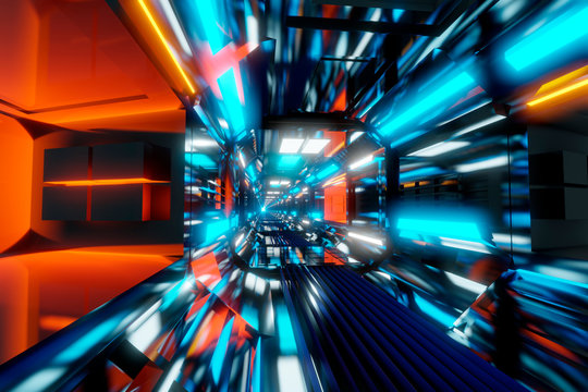 Three dimensional render of brightly illuminated futuristic corridor inside&nbsp;spaceship or space station