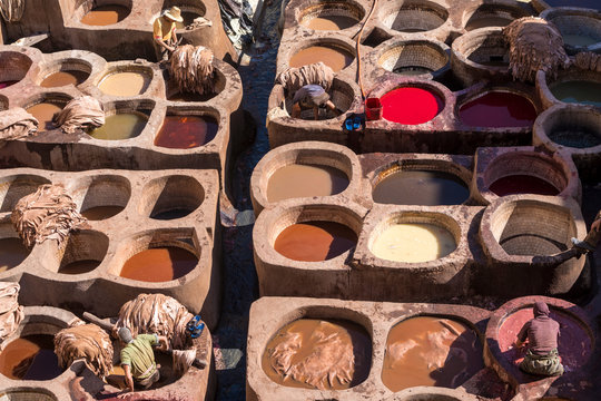 Morocco, Fez, People working at Chouara Tannery