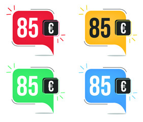 85 euro price. Yellow, red, blue and green currency tags. Balloon concept with eighty-five euros sales tag.