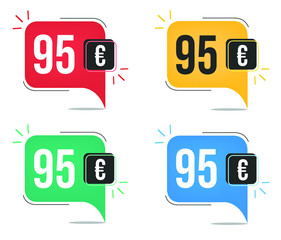 €95 euro price. Yellow, red, blue and green currency tags. Balloon concept with ninety-five euros sales tag.