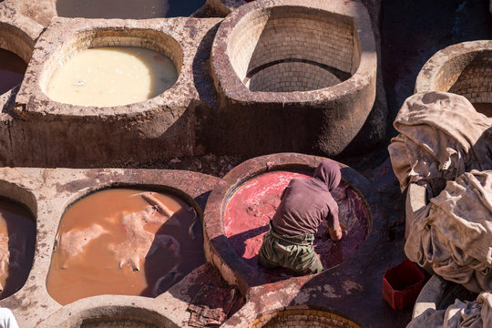 Morocco, Fez, Man working at Chouara Tannery