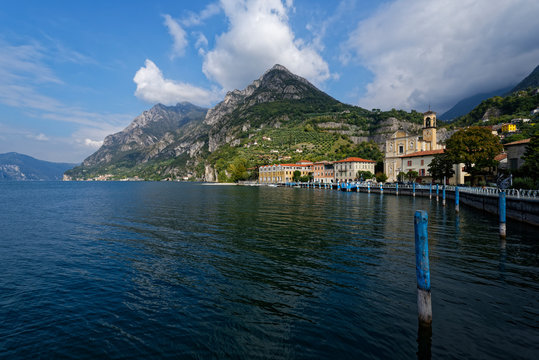 Italy, Lombardy, Marone, Lake Iseo with Corna Trentapassi mountain