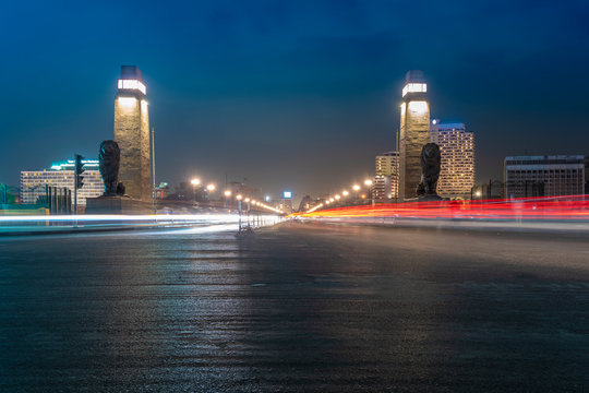 Egypt, Cairo, Kasr El Nile bridge&nbsp;with light trails at night
