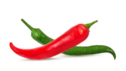 Red and green hot chil peppers isolated on white background with clipping path