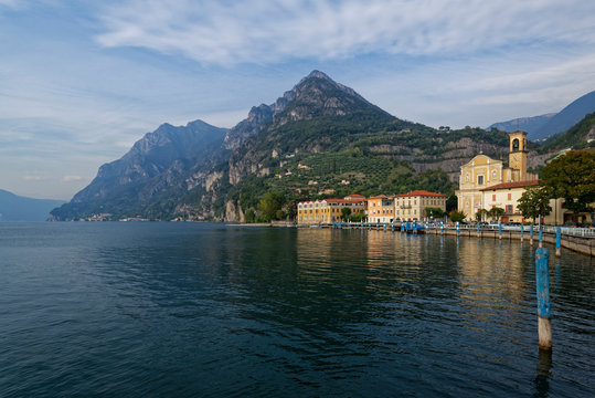 Italy, Lombardy, Marone, Lake Iseo with Corna Trentapassi mountain
