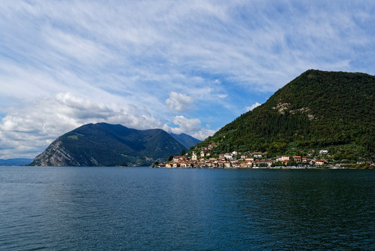 Italy, Lombardy, Monte Isola, Sulzano, Lake&nbsp;Iseo&nbsp;surrounded with mountains