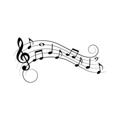 Music notes, design elements with swirls, vector illustration.