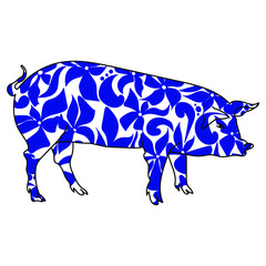 outline illustration of a pig with floral patterns in blue, symbol of the year according to the eastern horoscope, vector silhouette of an animal