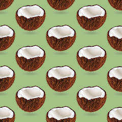 Coconuts seamless pattern on green background, vector illustration.