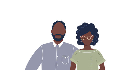 Happy cute family portrait of african-american people parents: father and mother isolated on white background. Family of two members:husband and wife. Modern flat cartoon vector illustration