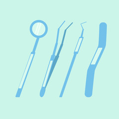 Dental examination instruments, dental spatula, mirror, forceps, dental probe, Medical illustration in flat style, vector art