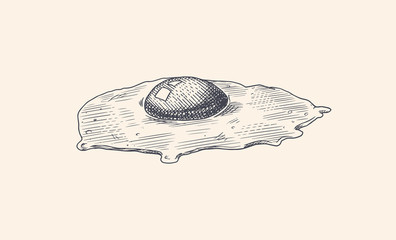 Fried eggs. Scrambled omelette and yolk. Farm product. Engraved hand drawn retro vintage sketch. Woodcut style. Vector illustration for menu or poster.