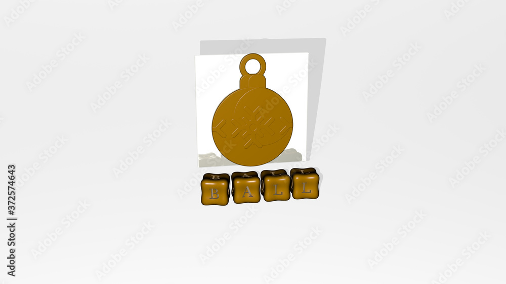 Poster 3d graphical image of ball vertically along with text built by metallic cubic letters from the top p