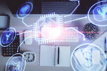 Multi exposure of data drawing hologram over topview of study desk background with computer. Concept of technology.