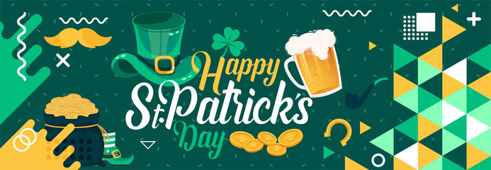 Happy Saint Patrick's day banner with St. Patrick icons like bear glass, cap, gold coins, horseshoe, mustache & leaf etc. St patricks green theme design with modern retro abstract Irish background.