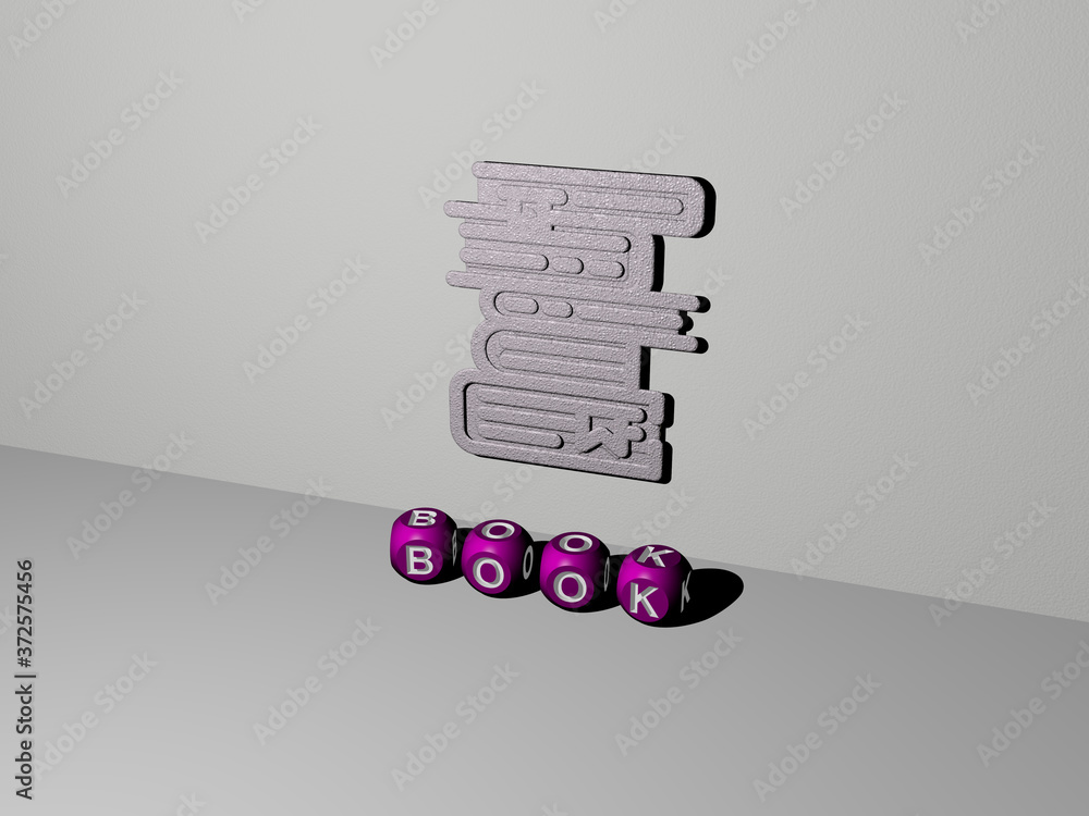 Poster 3d graphical image of book vertically along with text built by metallic cubic letters from the top p